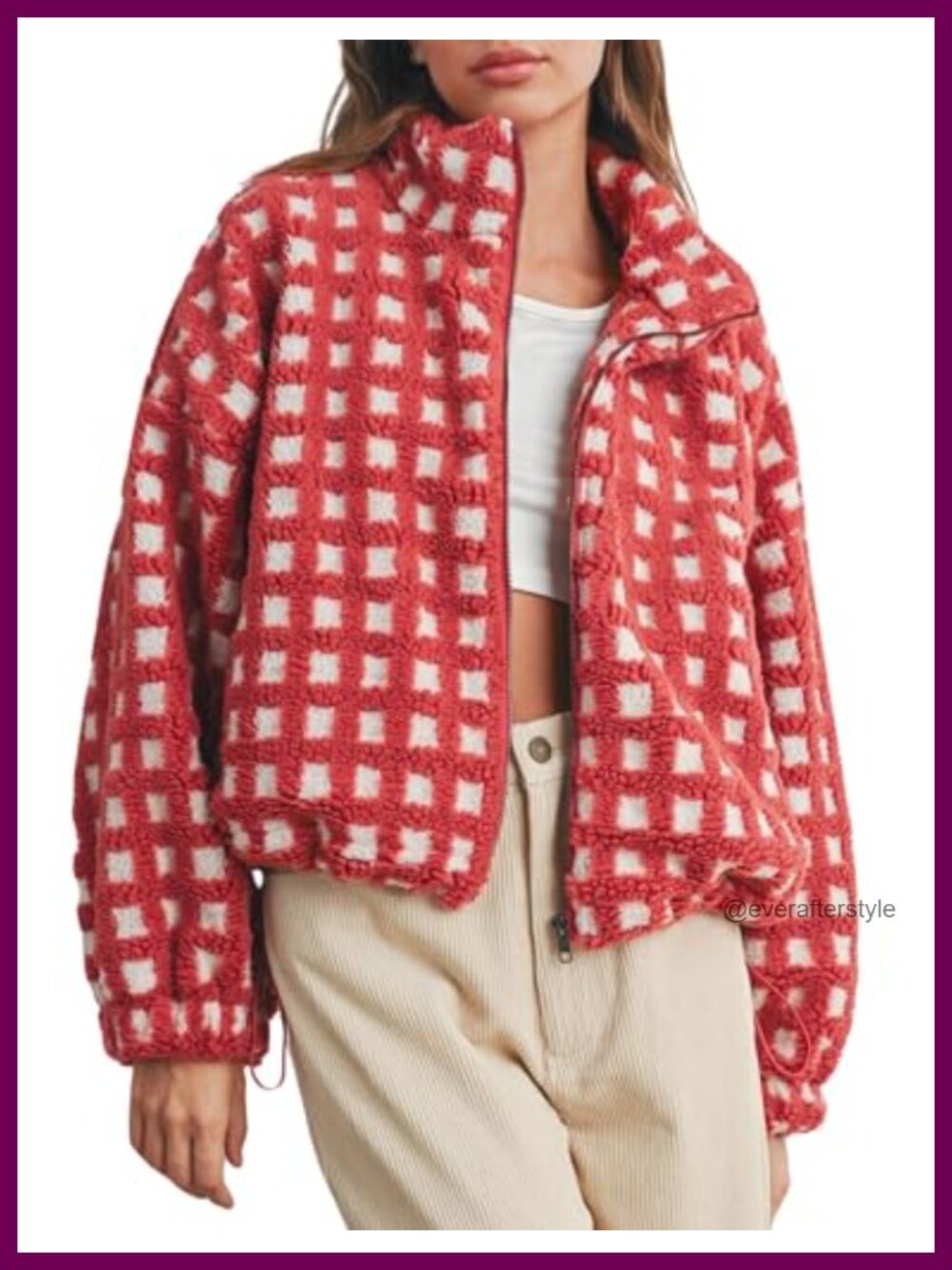 Cropped Sherpa Fleece Plaid Jacket Zip Up Teddy Faux Fur Coat